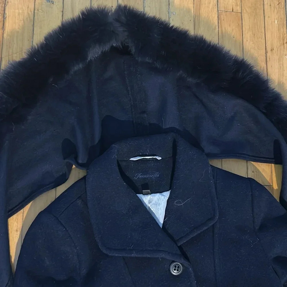 Vintage navy blue wool blend pea coat with attached fur lined balaclava - Picture 2 of 8